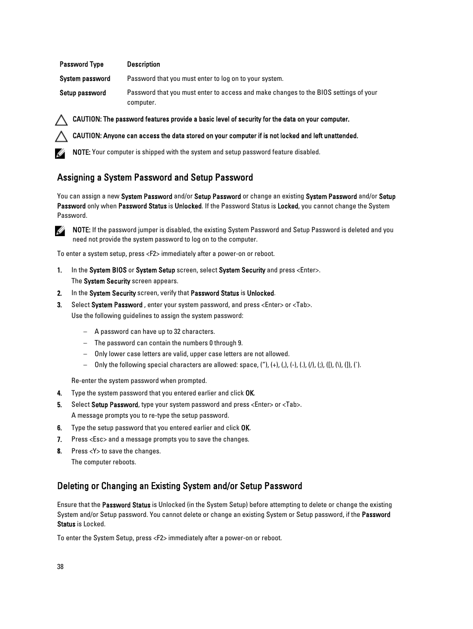 Assigning a system password and setup password | Dell Vostro 2521 (Early 2013) User Manual | Page 38 / 53