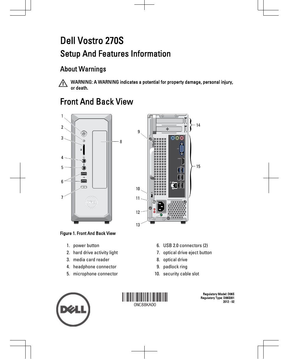 Dell Vostro 270s (Late 2012) User Manual | 6 pages