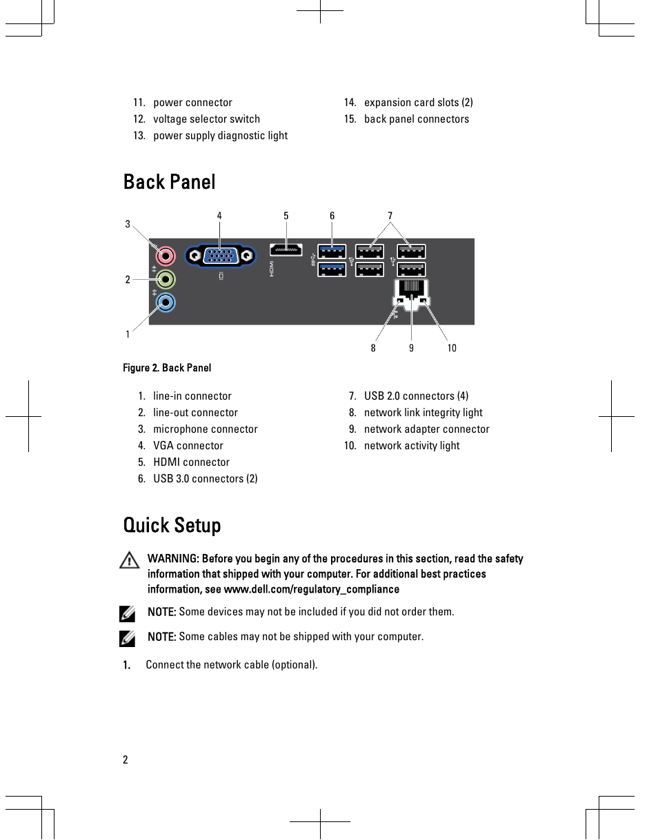 Back panel, Quick setup | Dell Vostro 270s (Late 2012) User Manual | Page 2 / 6