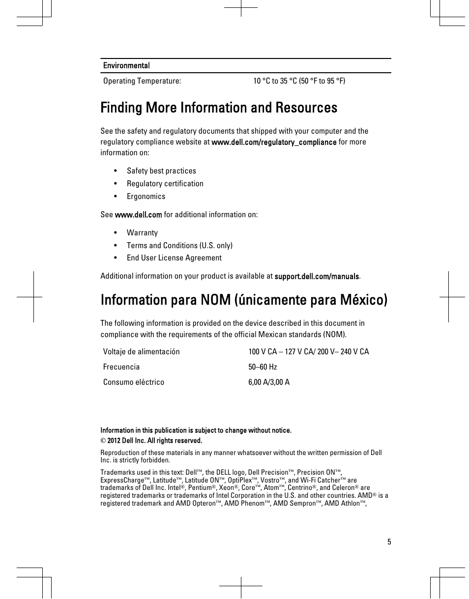 Finding more information and resources, Information para nom (únicamente para méxico) | Dell Vostro 270s (Late 2012) User Manual | Page 5 / 6