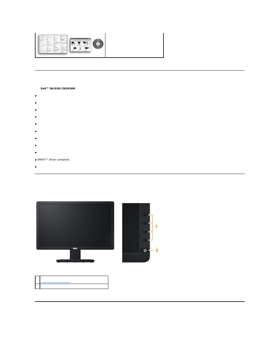 Product features, Identifying parts and controls, Front view | Back view | Dell IN1930 Monitor User Manual | Page 3 / 41