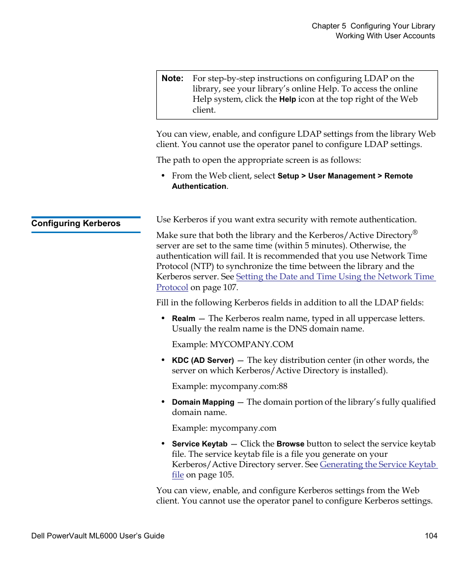 Configuring kerberos | Dell PowerVault ML6000 User Manual | Page 104 / 438