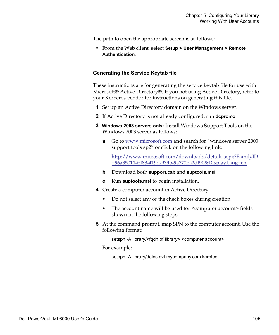 Generating the service keytab, File | Dell PowerVault ML6000 User Manual | Page 105 / 438