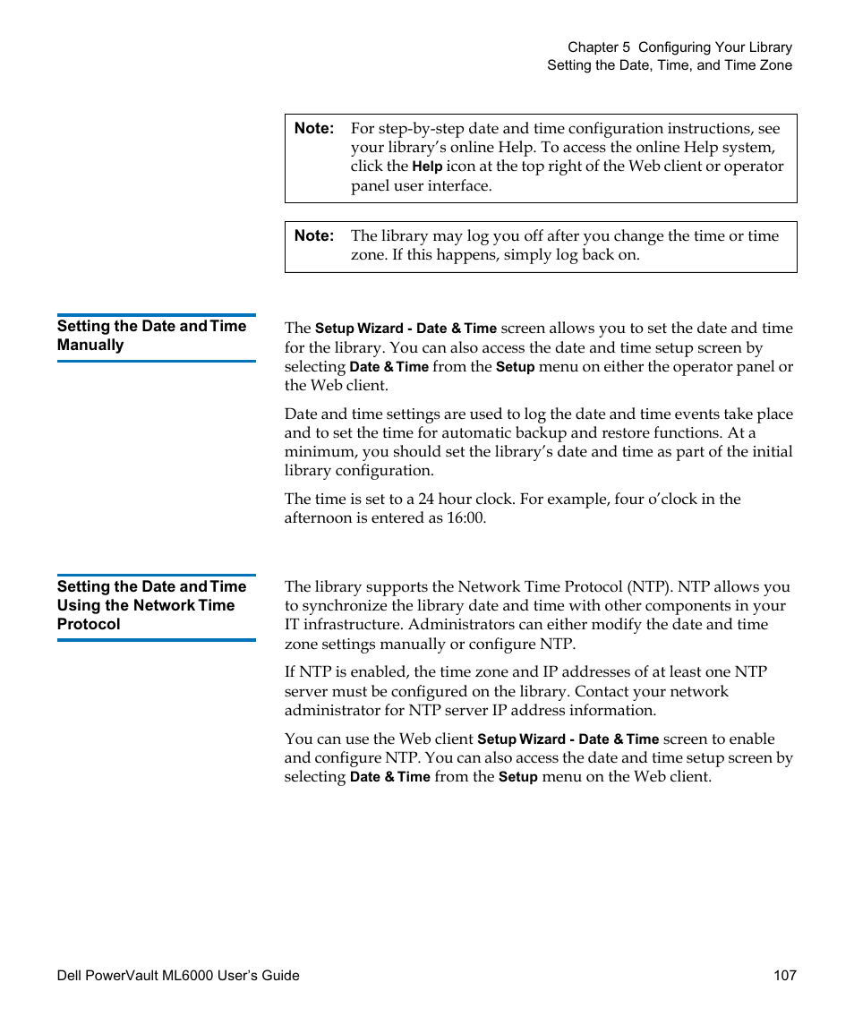 Setting the date and time manually, Setting the date and time using the network time, Protocol | Dell PowerVault ML6000 User Manual | Page 107 / 438
