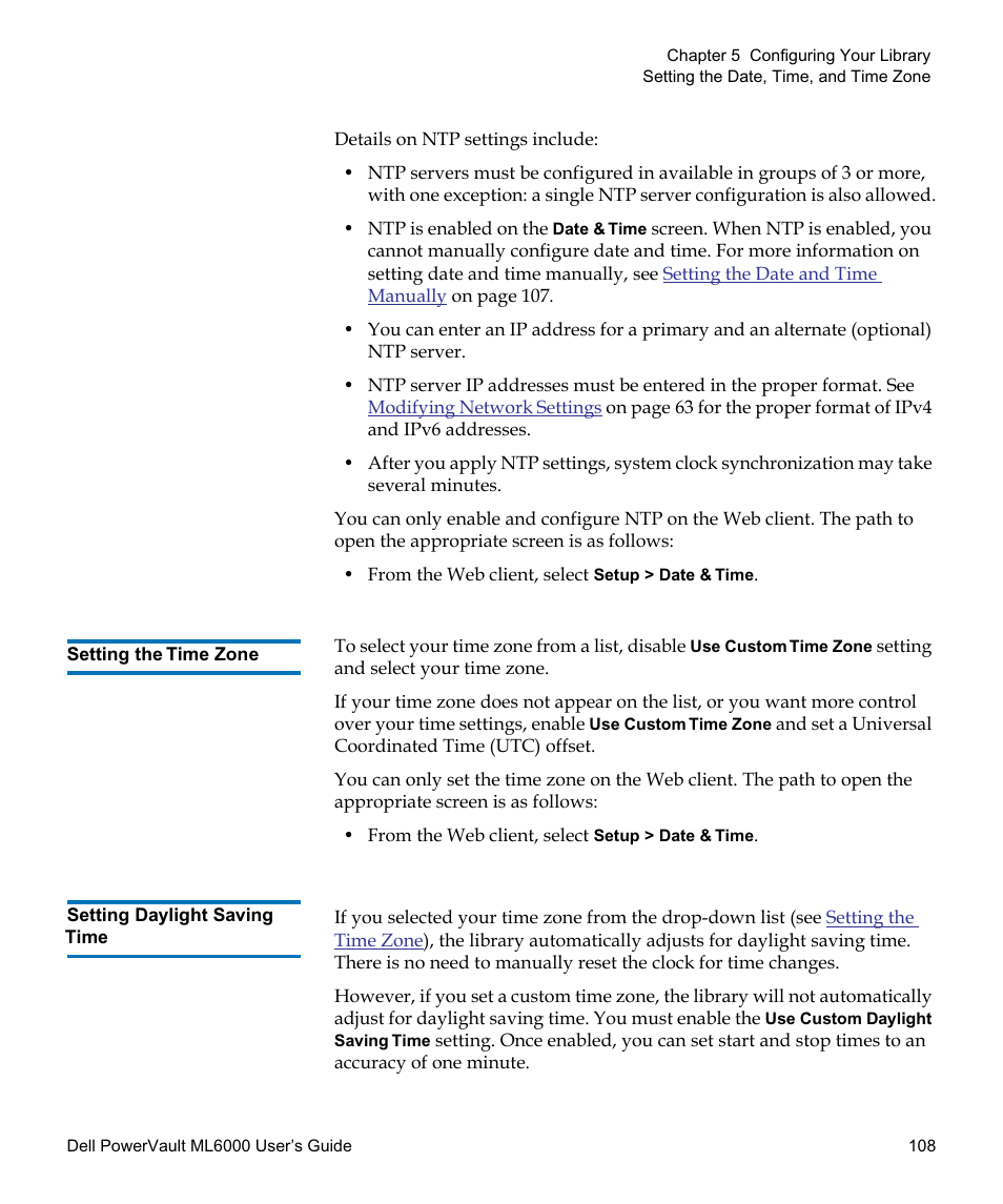 Setting the time zone, Setting daylight saving time | Dell PowerVault ML6000 User Manual | Page 108 / 438