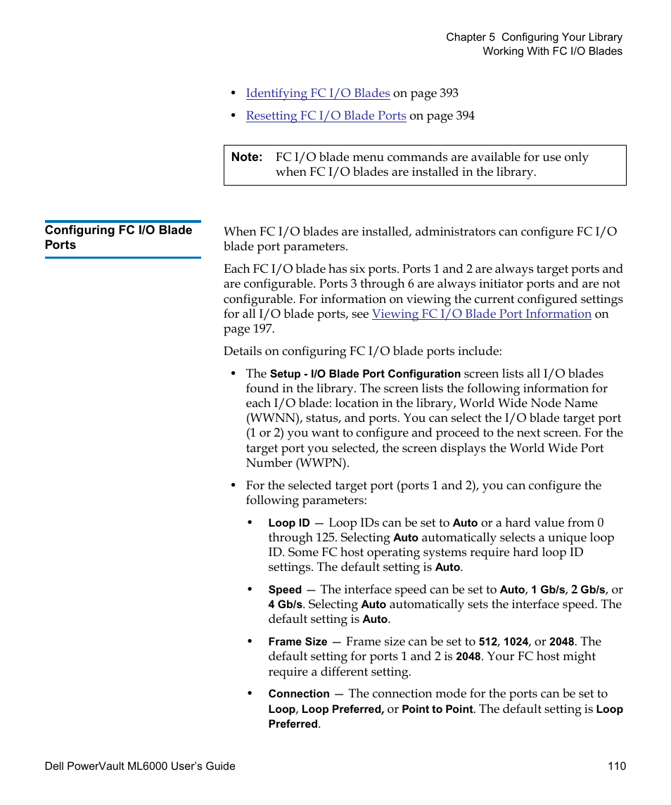 Configuring fc i/o blade ports | Dell PowerVault ML6000 User Manual | Page 110 / 438