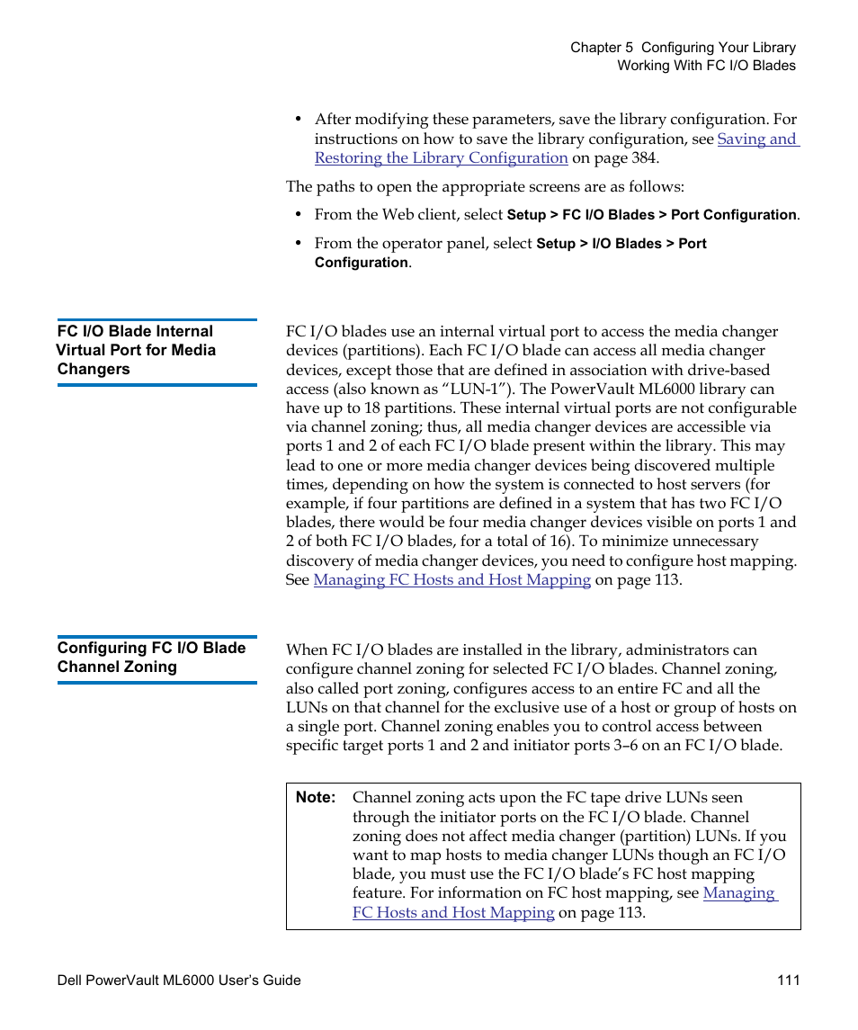 Configuring fc i/o blade channel zoning, Configuring fc i/o blade, Channel zoning | Dell PowerVault ML6000 User Manual | Page 111 / 438