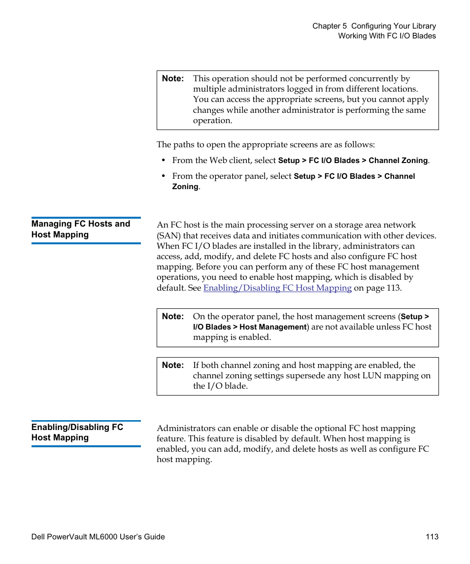 Managing fc hosts and host mapping, Enabling/disabling fc host mapping, Managing | Fc hosts and host mapping | Dell PowerVault ML6000 User Manual | Page 113 / 438