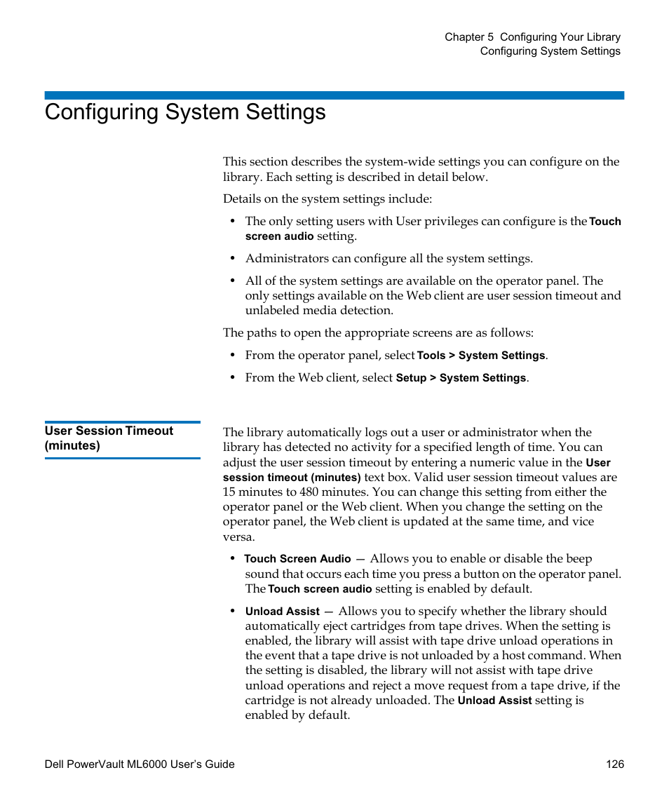 Configuring system settings, User session timeout (minutes), Choose to disable the audible feedback. see | Configuring system, Settings, Client. for more information, see | Dell PowerVault ML6000 User Manual | Page 126 / 438
