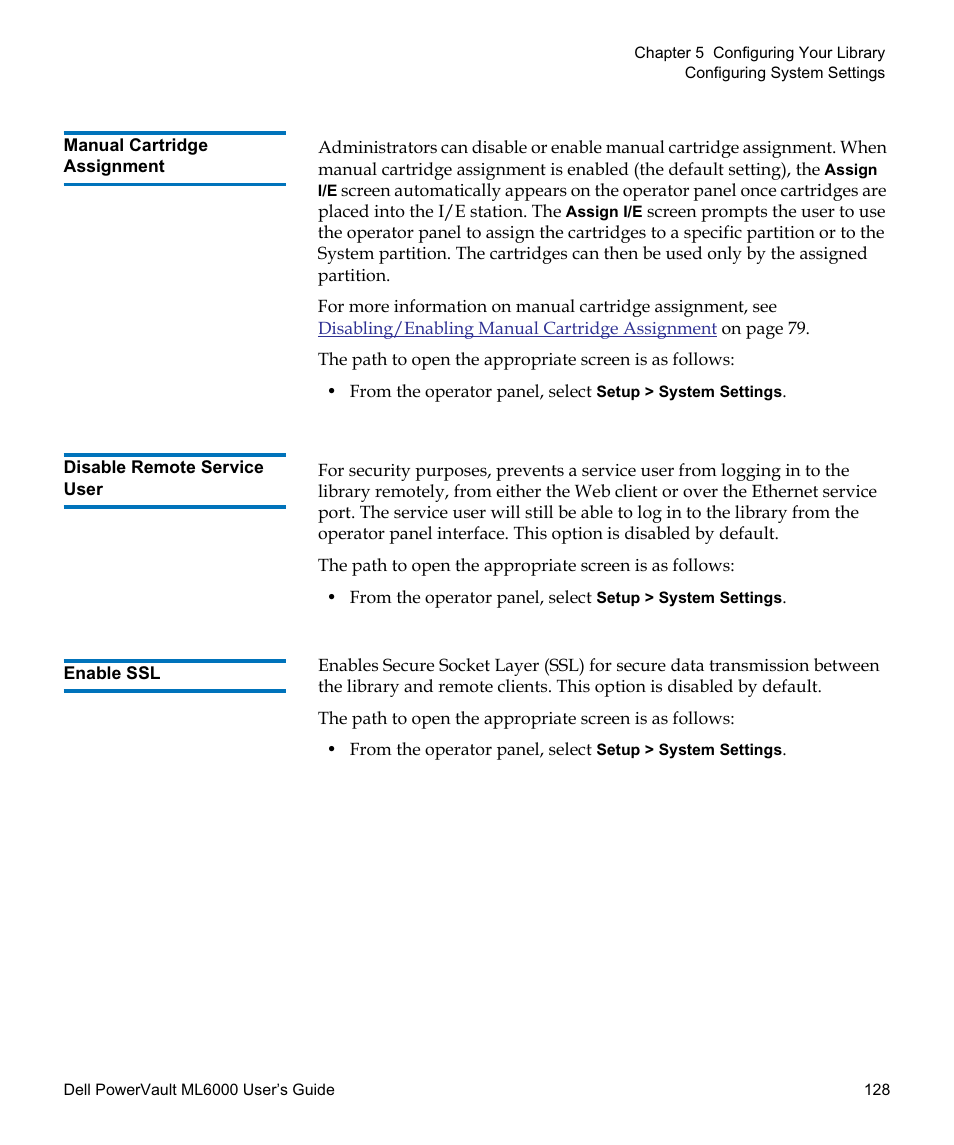 Manual cartridge assignment, Disable remote service user, Enable ssl | Dell PowerVault ML6000 User Manual | Page 128 / 438
