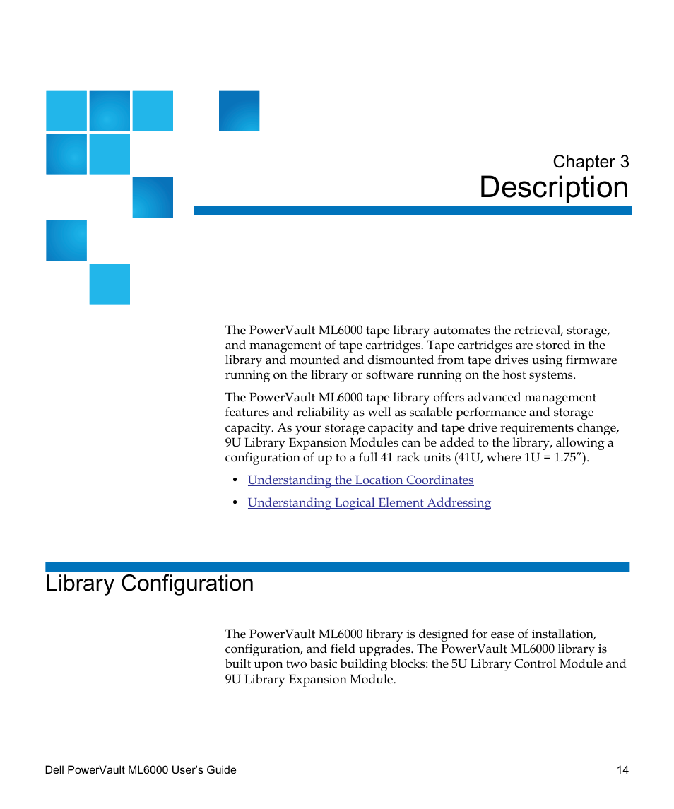 Description, Library configuration, Description 14 | Chapter 3 | Dell PowerVault ML6000 User Manual | Page 14 / 438