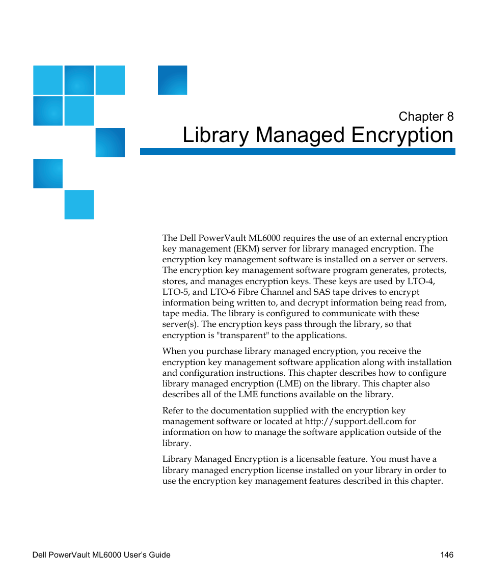 Library managed encryption, Library managed encryption 146, Chapter 8, library | Managed encryption, Chapter 8 | Dell PowerVault ML6000 User Manual | Page 146 / 438