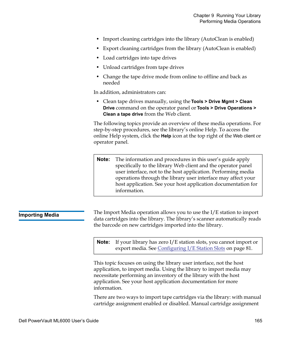 Importing media, Importing of media, see | Dell PowerVault ML6000 User Manual | Page 165 / 438