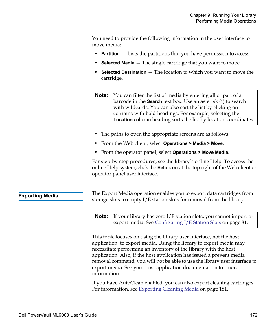Exporting media | Dell PowerVault ML6000 User Manual | Page 172 / 438