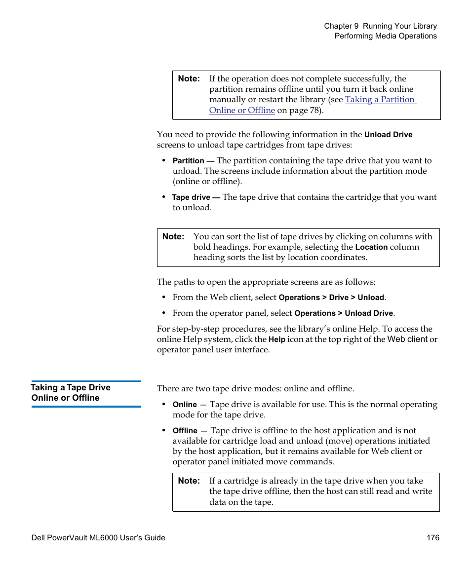 Taking a tape drive online or offline | Dell PowerVault ML6000 User Manual | Page 176 / 438