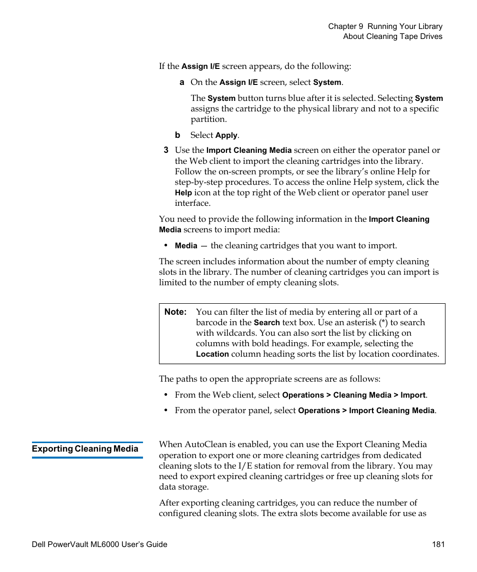 Exporting cleaning media, Exporting, Cleaning media | Dell PowerVault ML6000 User Manual | Page 181 / 438