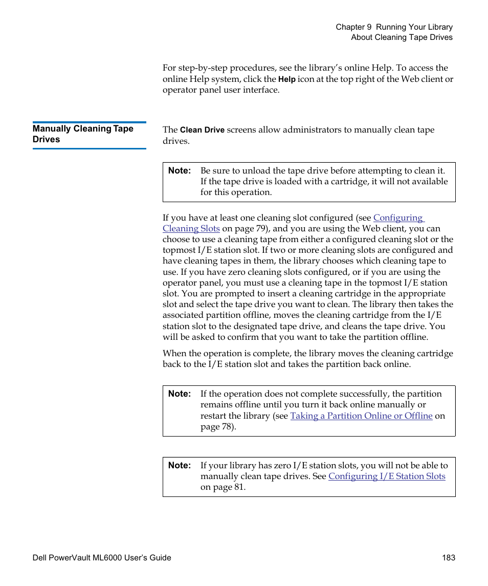 Manually cleaning tape drives | Dell PowerVault ML6000 User Manual | Page 183 / 438