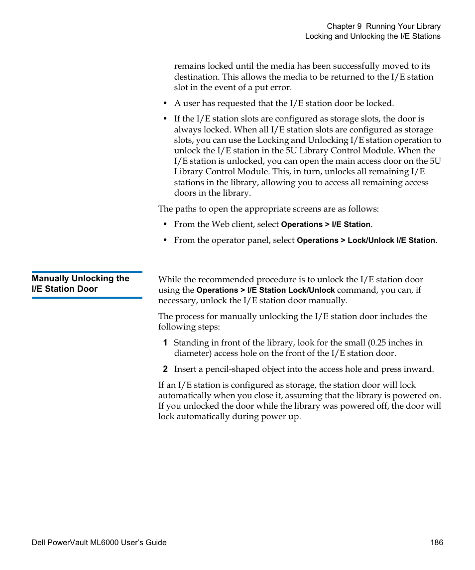 Manually unlocking the i/e station door | Dell PowerVault ML6000 User Manual | Page 186 / 438