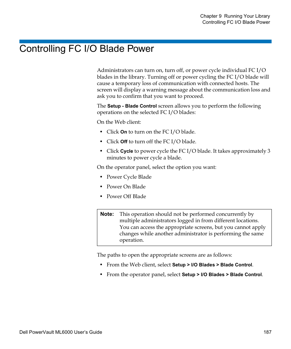 Controlling fc i/o blade power | Dell PowerVault ML6000 User Manual | Page 187 / 438