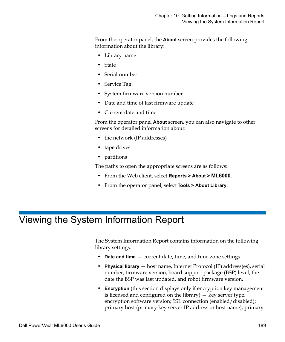 Viewing the system information report | Dell PowerVault ML6000 User Manual | Page 189 / 438