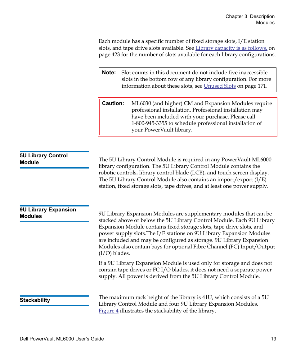 5u library control module, 9u library expansion modules, Stackability | Dell PowerVault ML6000 User Manual | Page 19 / 438