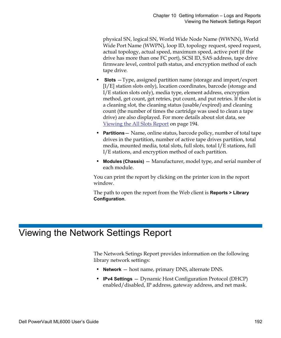 Viewing the network settings report | Dell PowerVault ML6000 User Manual | Page 192 / 438