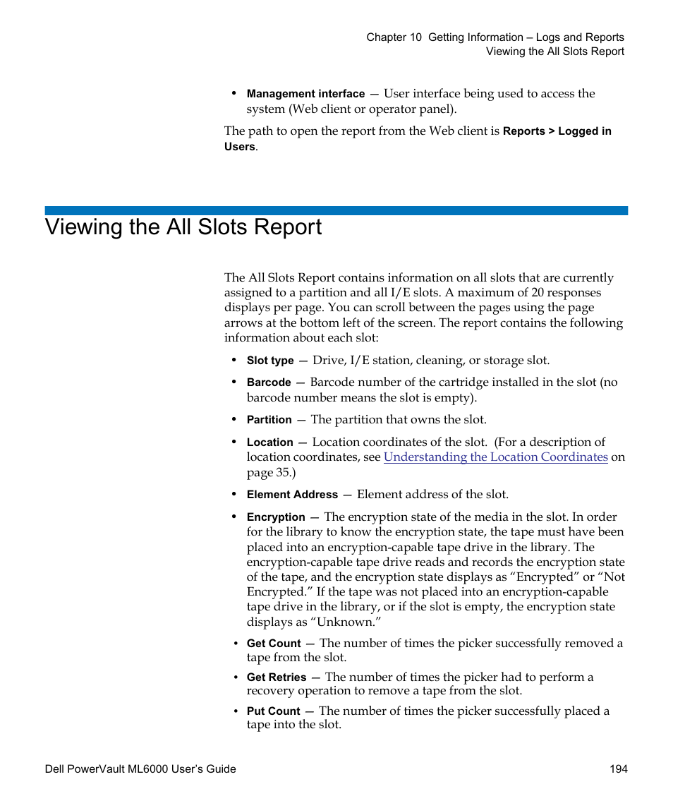 Viewing the all slots report | Dell PowerVault ML6000 User Manual | Page 194 / 438