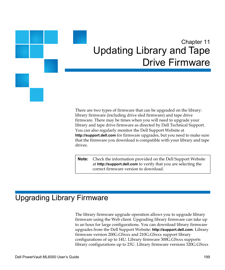 Updating library and tape drive firmware, Upgrading library firmware, Updating library and tape drive firmware 199 | Chapter 11 | Dell PowerVault ML6000 User Manual | Page 199 / 438