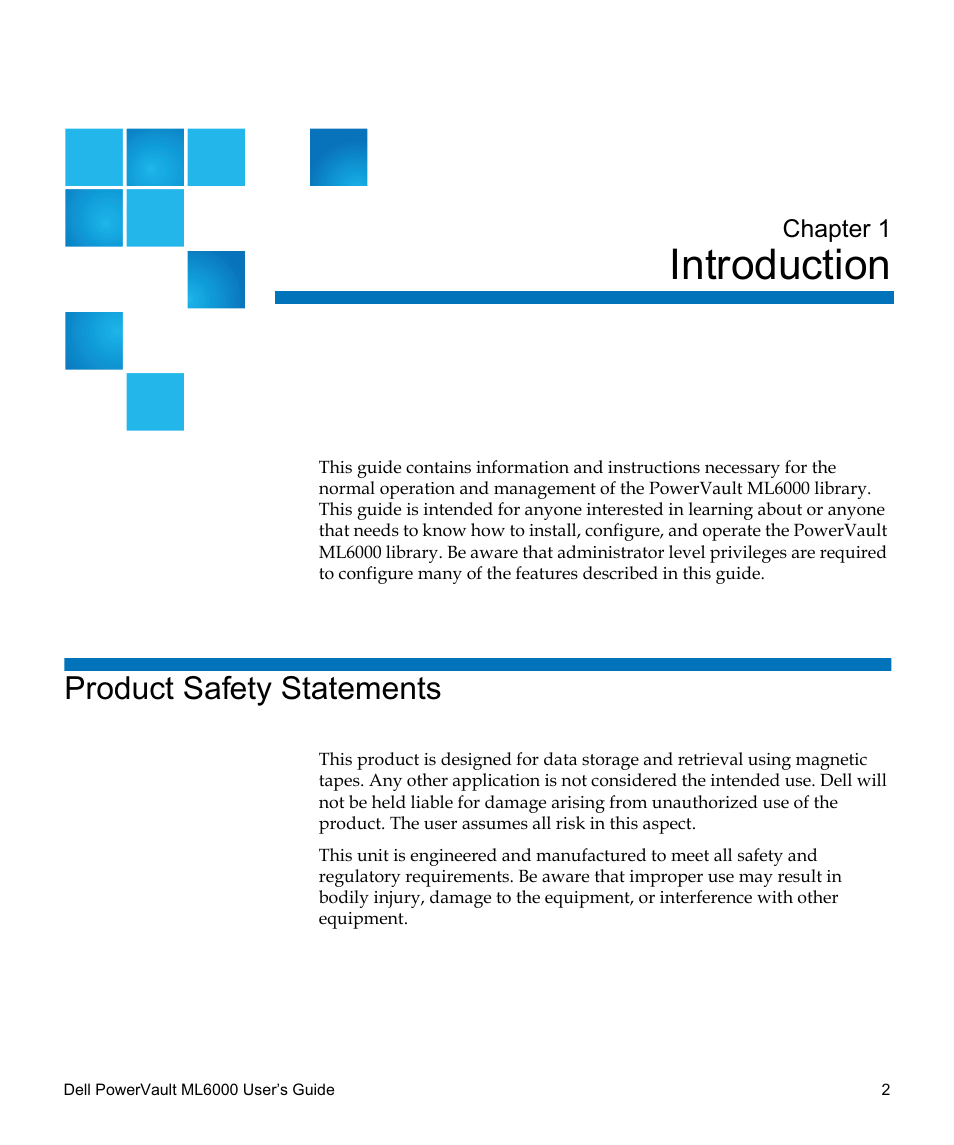 Introduction, Product safety statements, Introduction 2 | Chapter 1 | Dell PowerVault ML6000 User Manual | Page 2 / 438