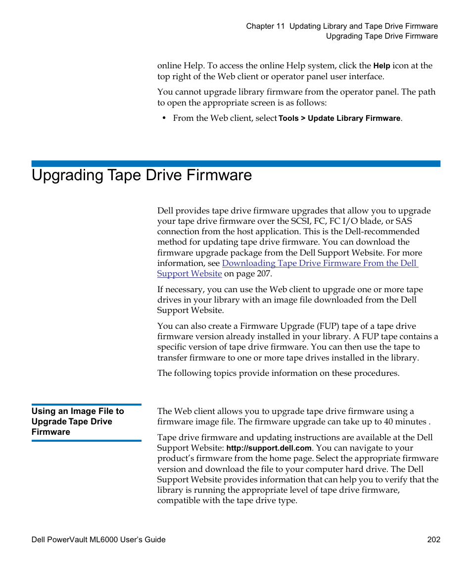 Upgrading tape drive firmware, Using an image file to upgrade tape drive firmware, Using an image file to upgrade tape drive | Firmware | Dell PowerVault ML6000 User Manual | Page 202 / 438