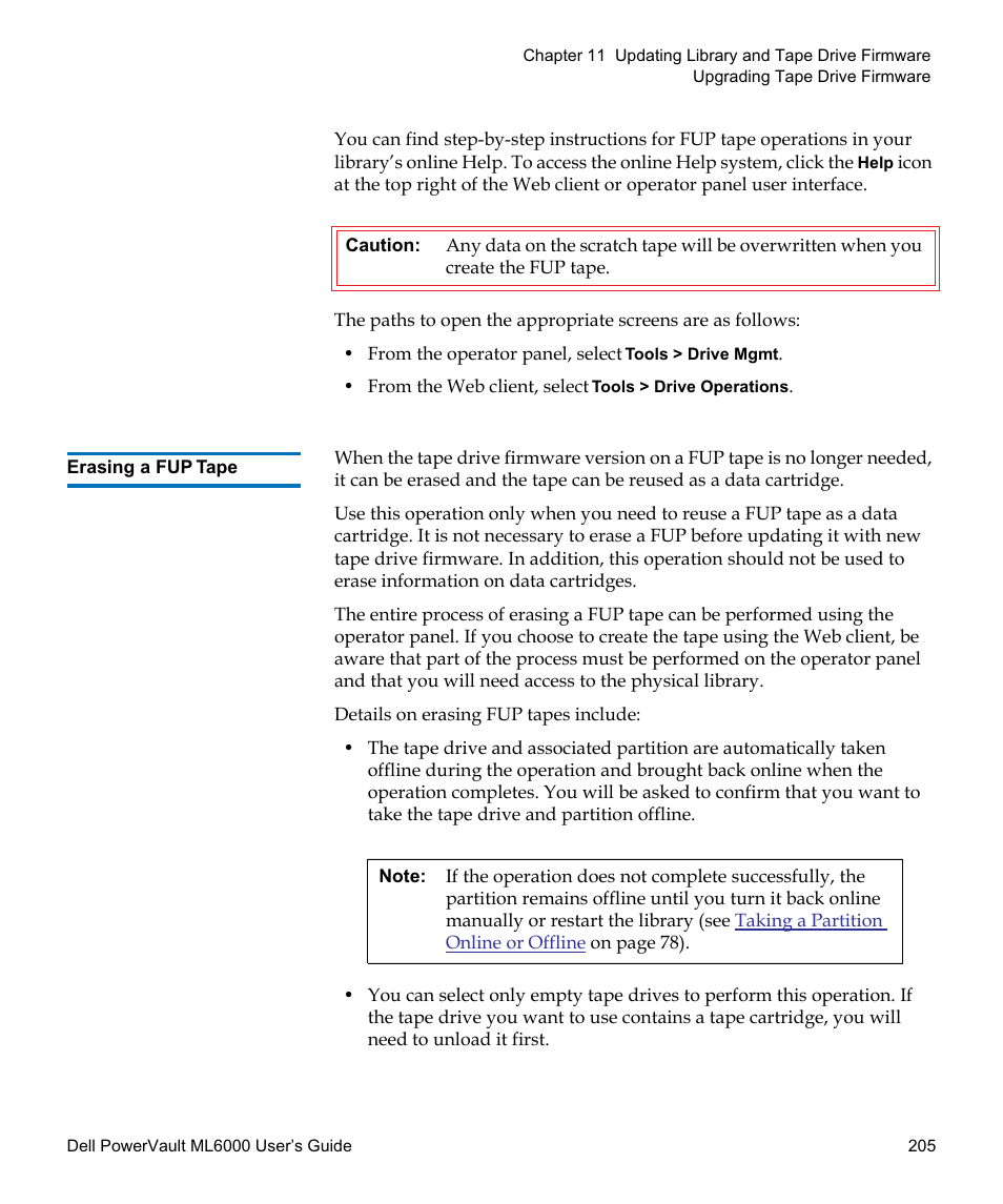 Erasing a fup tape | Dell PowerVault ML6000 User Manual | Page 205 / 438