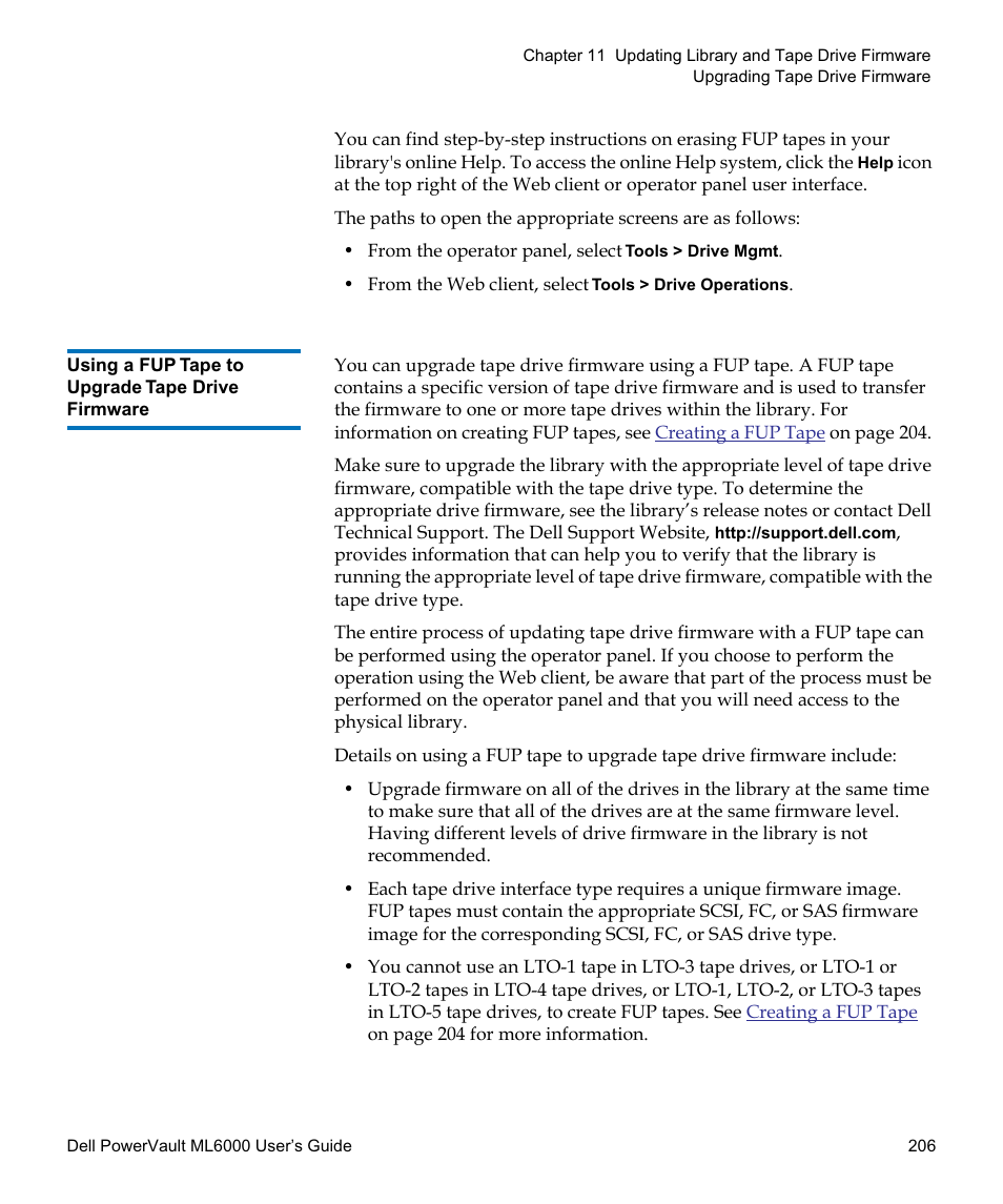 Using a fup tape to upgrade tape drive firmware | Dell PowerVault ML6000 User Manual | Page 206 / 438