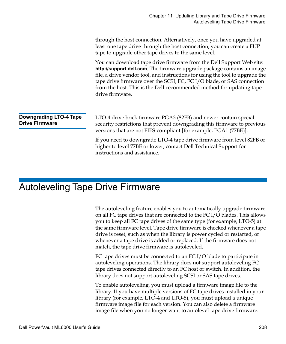 Downgrading lto-4 tape drive firmware, Autoleveling tape drive firmware | Dell PowerVault ML6000 User Manual | Page 208 / 438