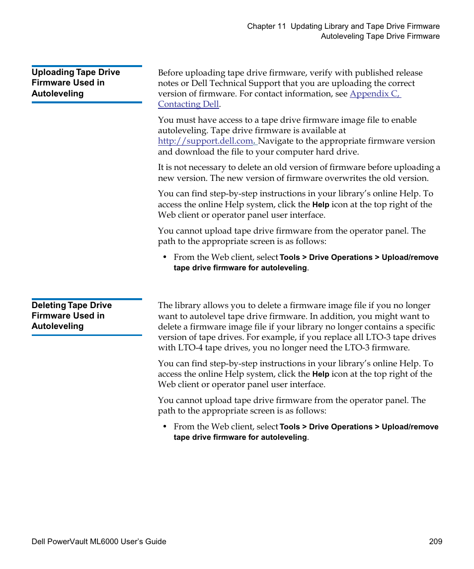 Uploading tape drive firmware used in autoleveling, Deleting tape drive firmware used in autoleveling | Dell PowerVault ML6000 User Manual | Page 209 / 438