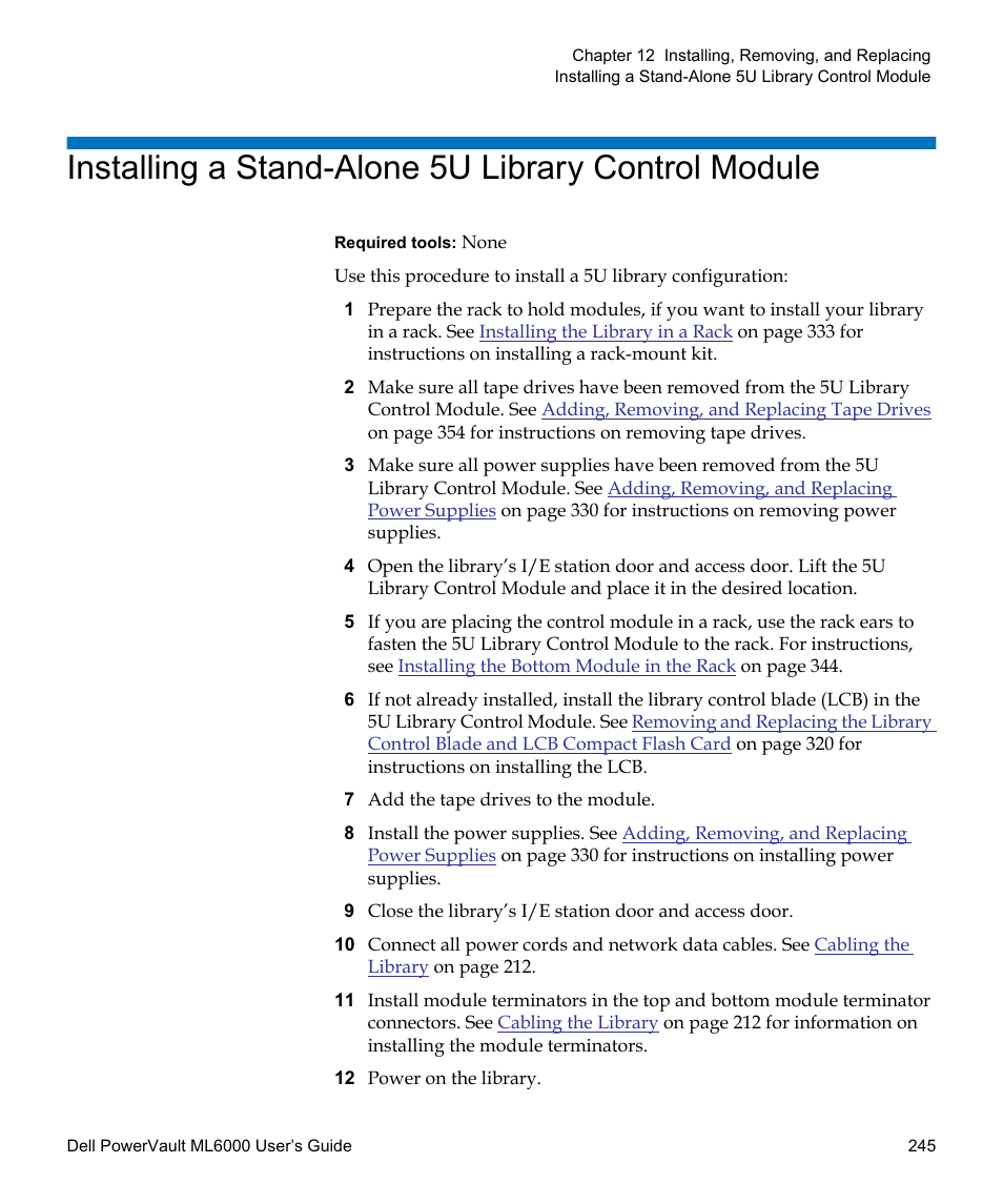 Installing a stand-alone 5u library control module, Installing a stand-alone 5u, Library control module | Dell PowerVault ML6000 User Manual | Page 245 / 438