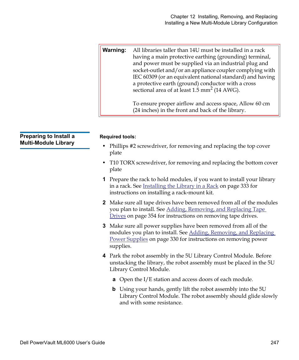Preparing to install a multi-module library | Dell PowerVault ML6000 User Manual | Page 247 / 438