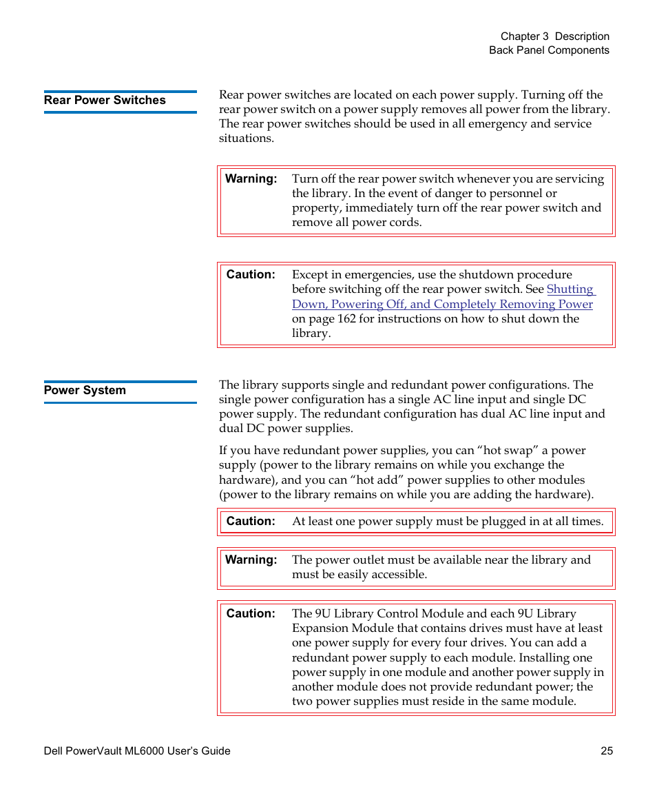 Rear power switches, Power system | Dell PowerVault ML6000 User Manual | Page 25 / 438