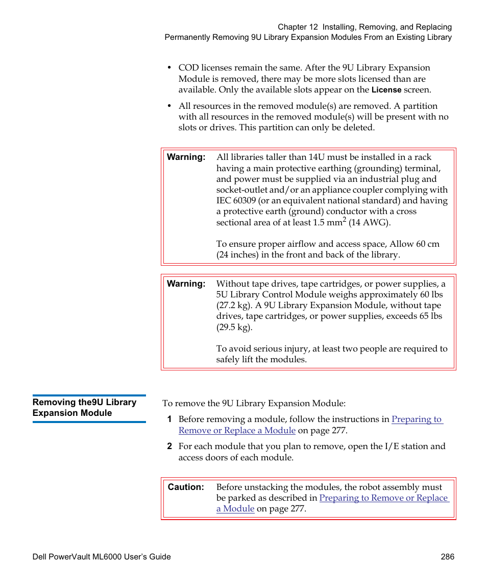 Removing the9u library expansion module | Dell PowerVault ML6000 User Manual | Page 286 / 438