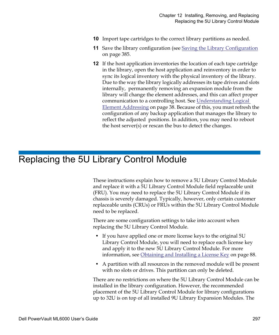 Replacing the 5u library control module | Dell PowerVault ML6000 User Manual | Page 297 / 438