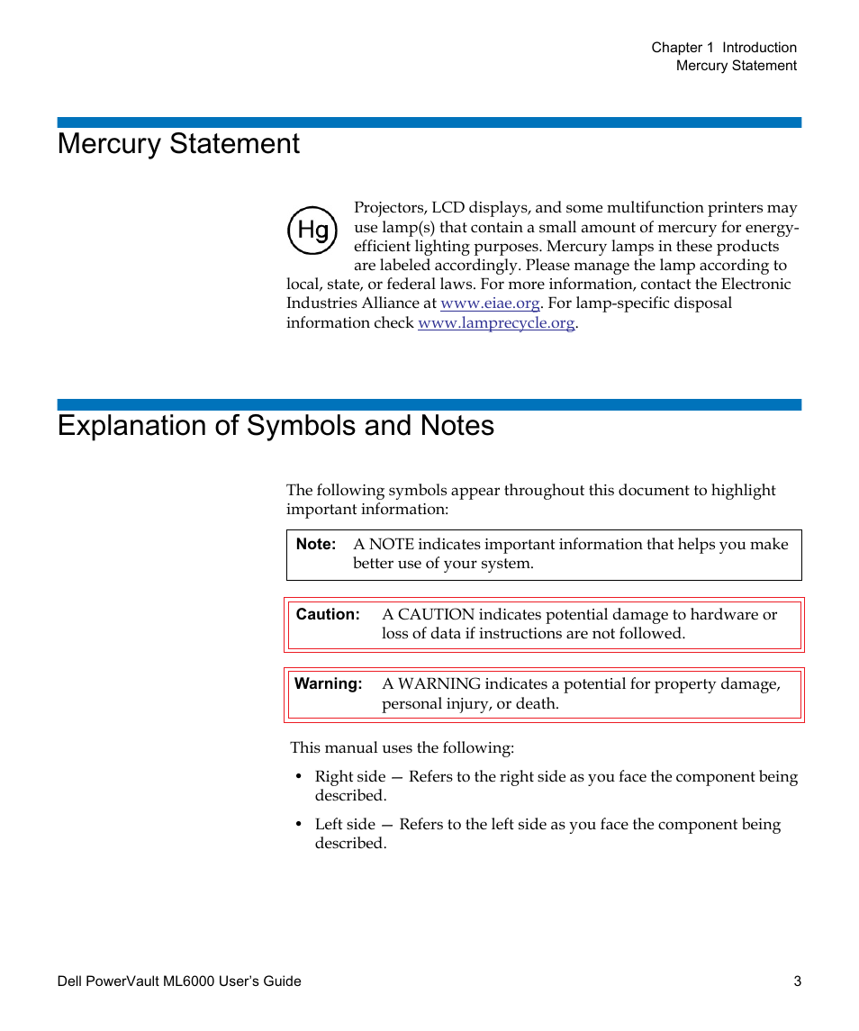 Mercury statement, Explanation of symbols and notes | Dell PowerVault ML6000 User Manual | Page 3 / 438