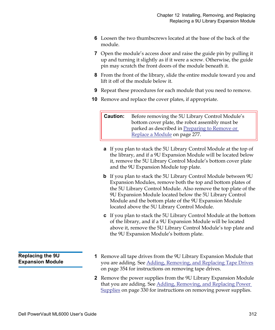 Replacing the 9u expansion module | Dell PowerVault ML6000 User Manual | Page 312 / 438