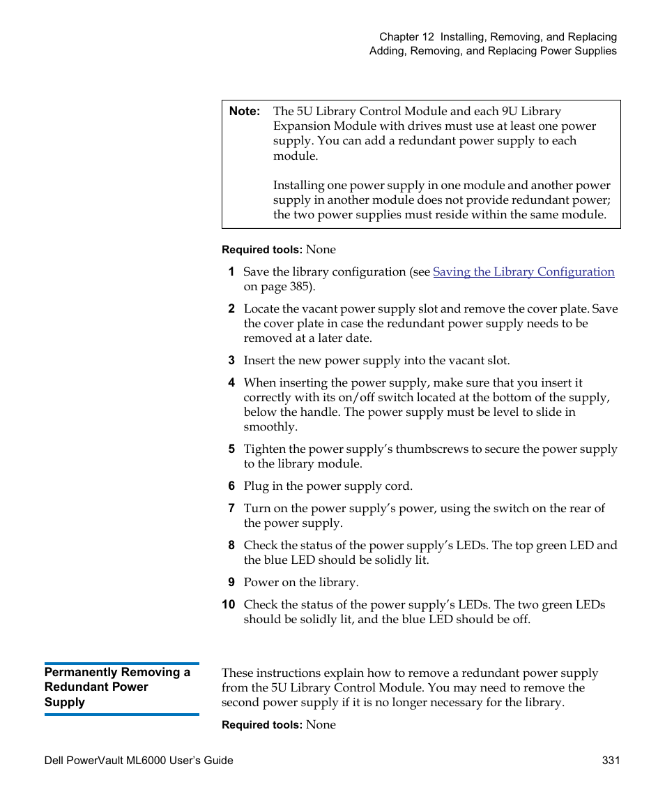 Permanently removing a redundant power supply | Dell PowerVault ML6000 User Manual | Page 331 / 438