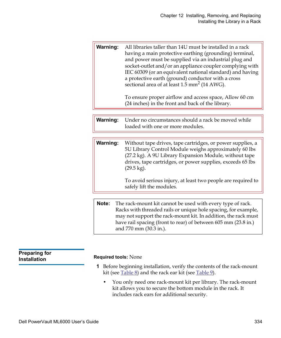 Preparing for installation | Dell PowerVault ML6000 User Manual | Page 334 / 438