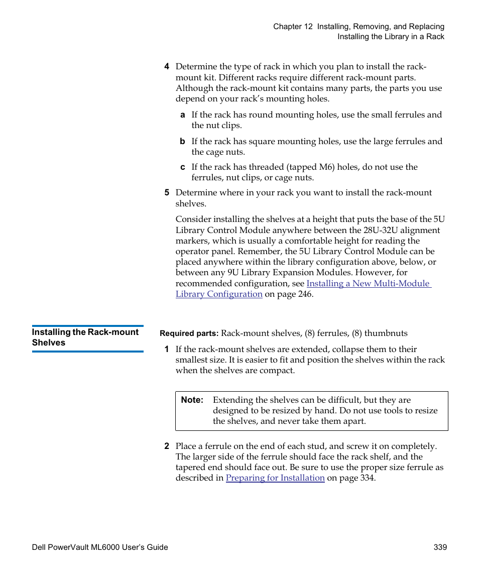 Installing the rack-mount shelves | Dell PowerVault ML6000 User Manual | Page 339 / 438
