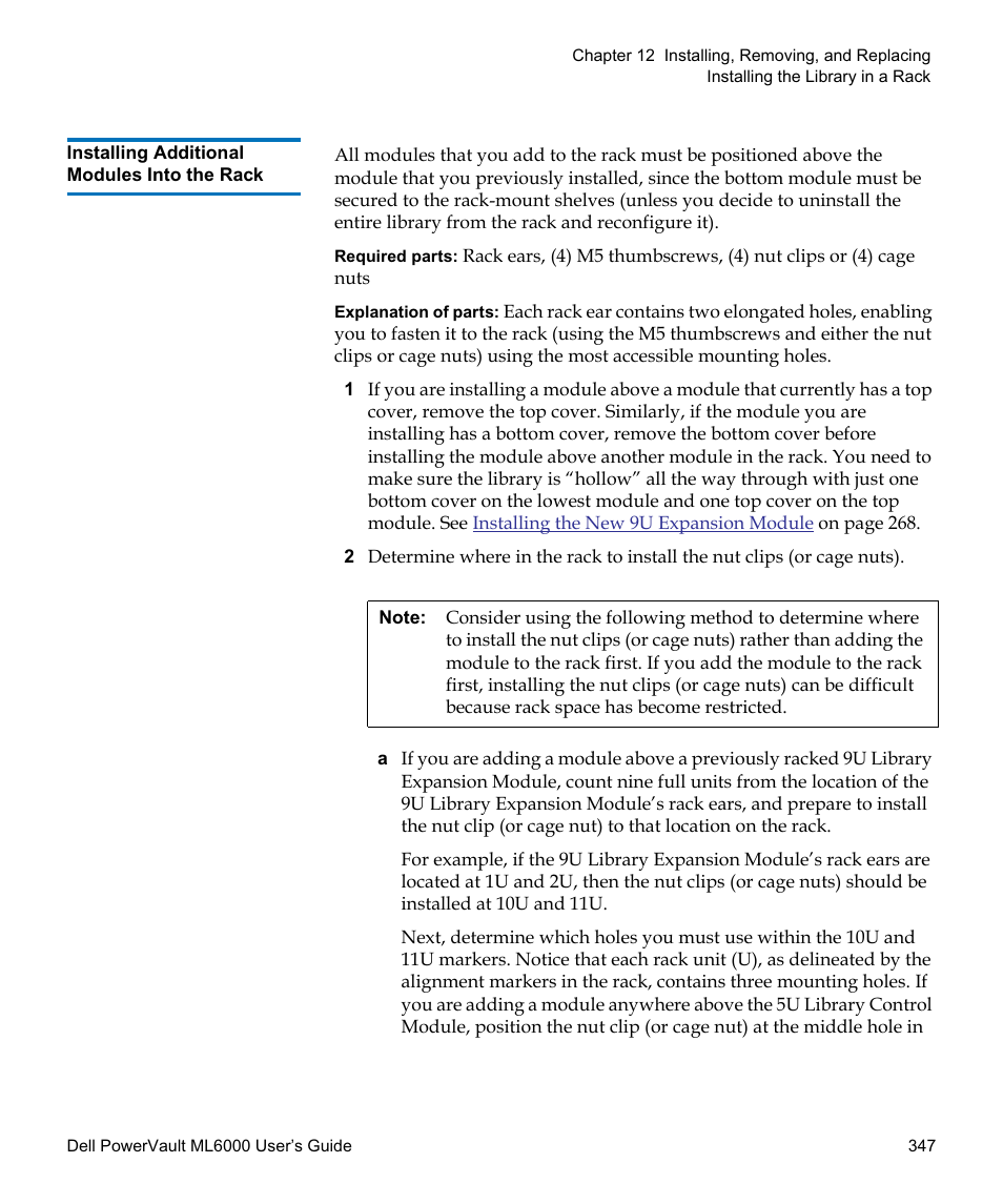 Installing additional modules into the rack, Instructions in | Dell PowerVault ML6000 User Manual | Page 347 / 438