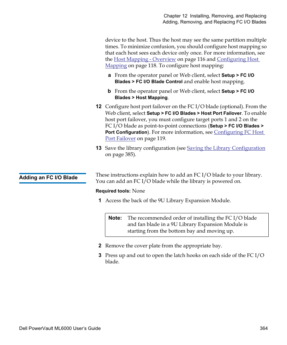 Adding an fc i/o blade | Dell PowerVault ML6000 User Manual | Page 364 / 438