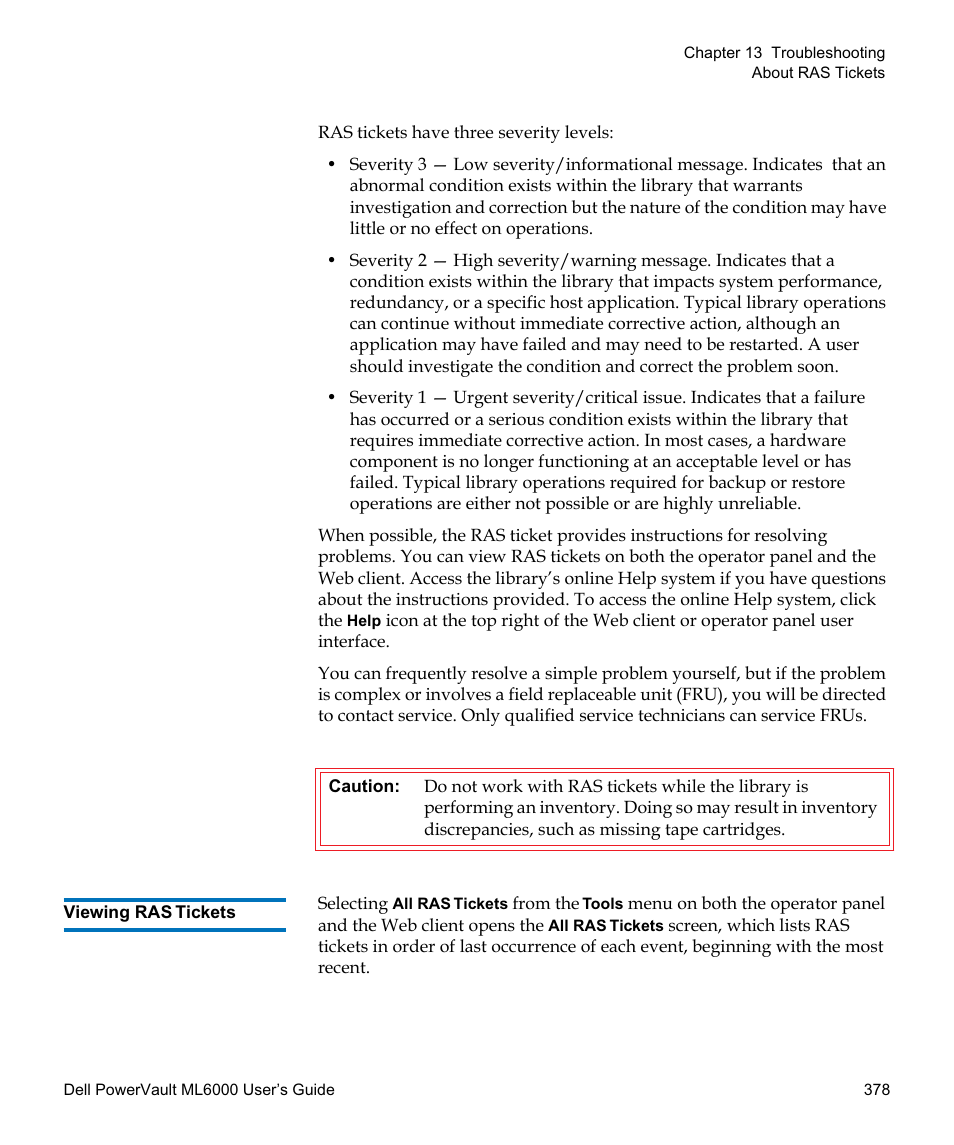 Viewing ras tickets | Dell PowerVault ML6000 User Manual | Page 378 / 438