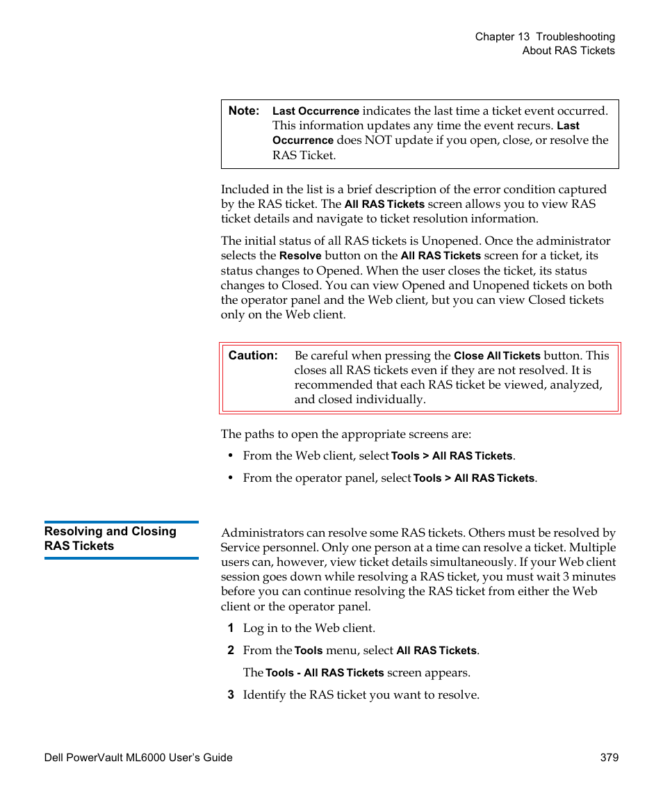 Resolving and closing ras tickets | Dell PowerVault ML6000 User Manual | Page 379 / 438