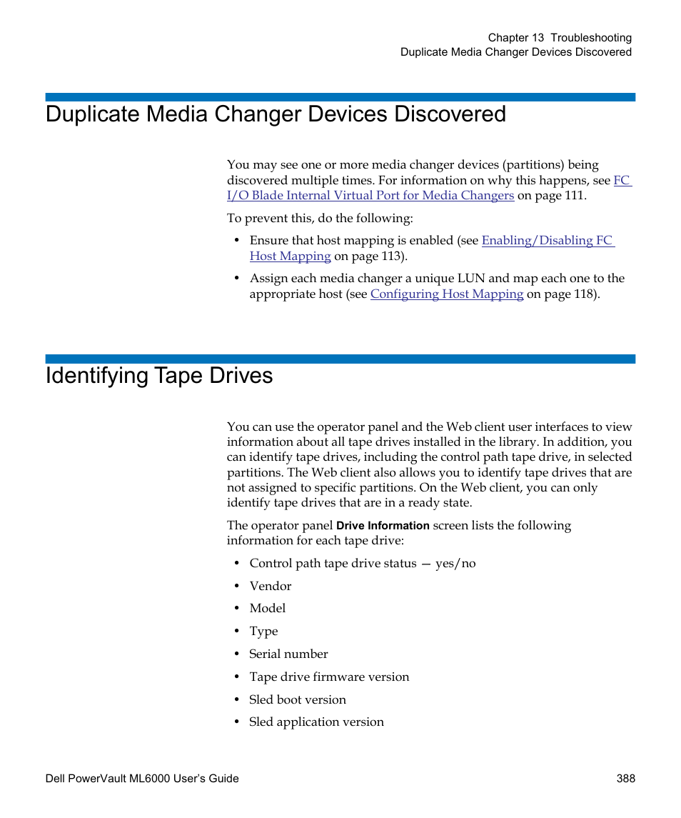 Duplicate media changer devices discovered, Identifying tape drives | Dell PowerVault ML6000 User Manual | Page 388 / 438