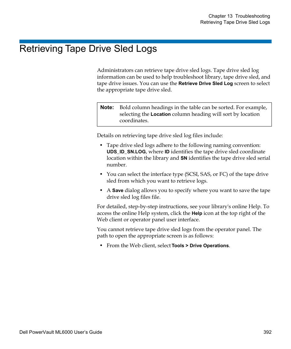 Retrieving tape drive sled logs | Dell PowerVault ML6000 User Manual | Page 392 / 438